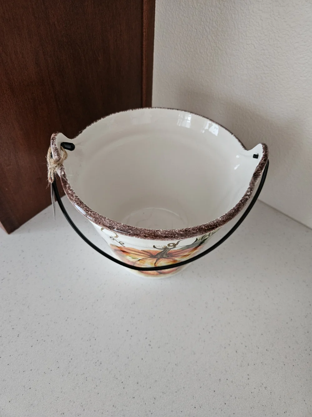 Decorative Autumn Pumpkin Ceramic Bucket- White and Orange